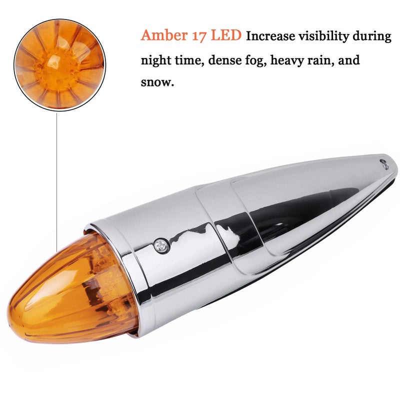 NPAUTO 5pcs Amber Torpedo Cab Marker Lights Chrome 17 LED Truck Roof Lights Top Clearance Running Lights Compatible for Peterbilt Kenworth Freightliner Mack Volvo International Heavy Duty Truck - Image 2